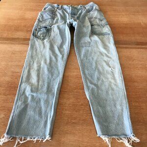 Re/Done Levi Patch Pocket Straight Jeans Women 25 Blue Mid Rise Raw Hem Stretch